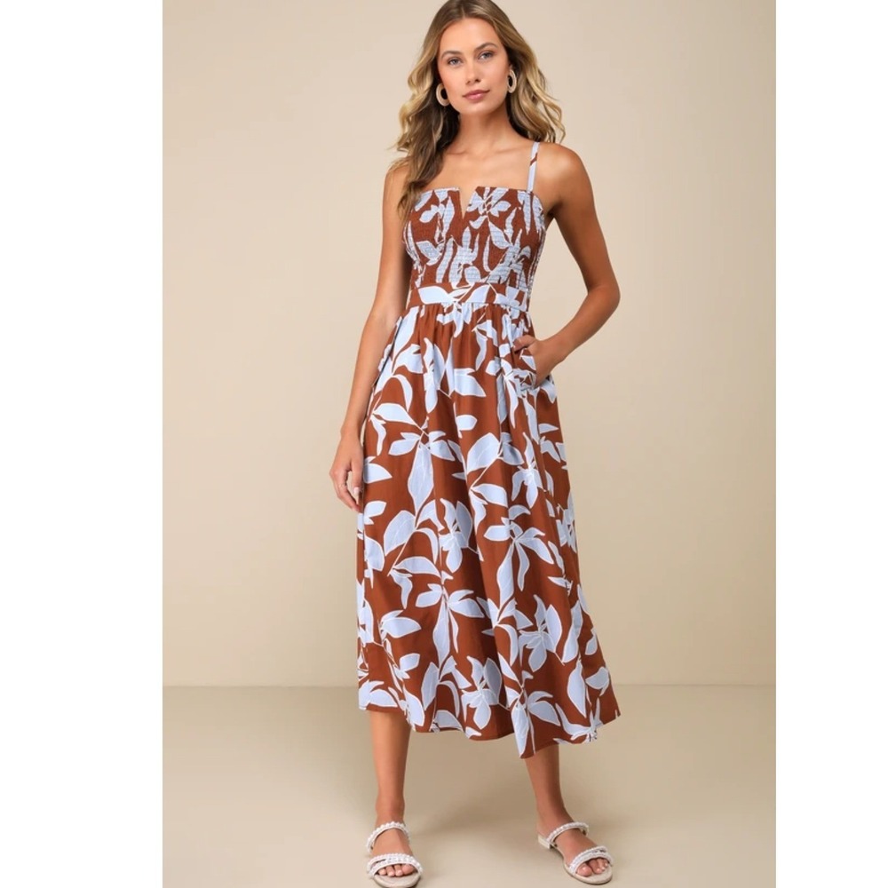 Lulus Immense Cuteness Brown Blue Floral Smocked Midi Dress With Pockets Medium